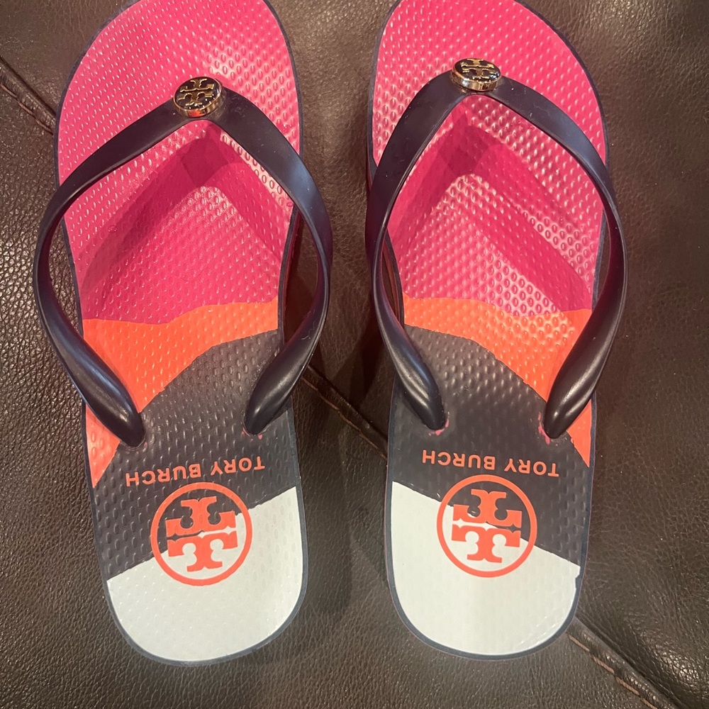 Tory Burch Pink and Navy Flip Flops SIZE 8